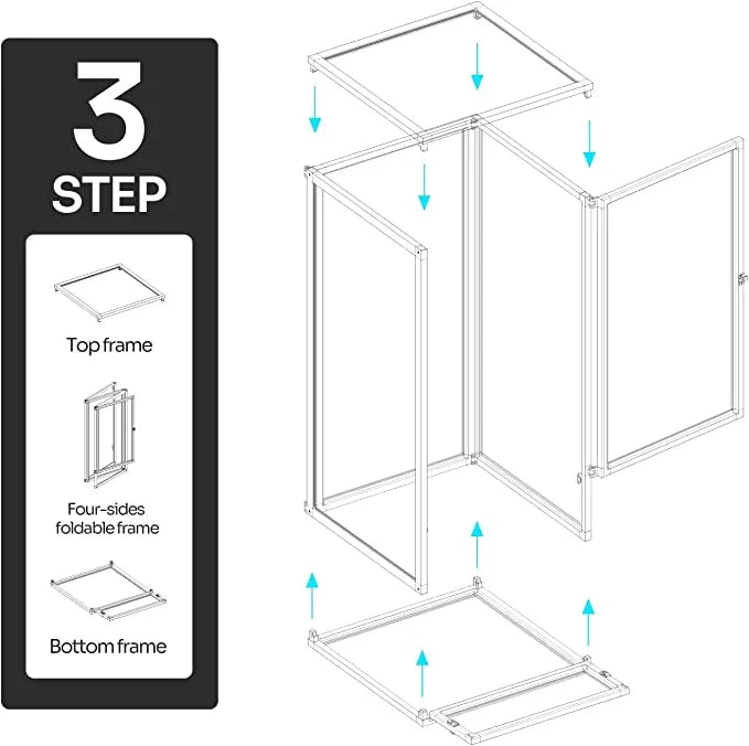 Three-step assembly diagram for foldable reptile terrarium cage with labeled frames.