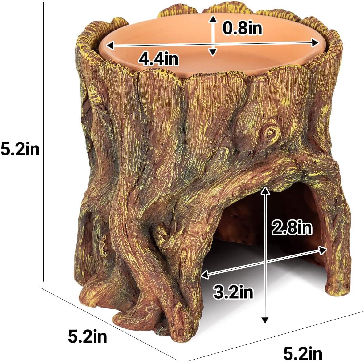 Tree stump reptile hideout with water bowl, brown resin, labeled dimensions 5.2 x 5.2 x 5.2 inches.