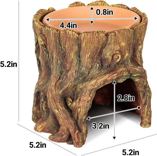 Tree stump reptile hideout with water bowl, brown resin, labeled dimensions 5.2 x 5.2 x 5.2 inches.