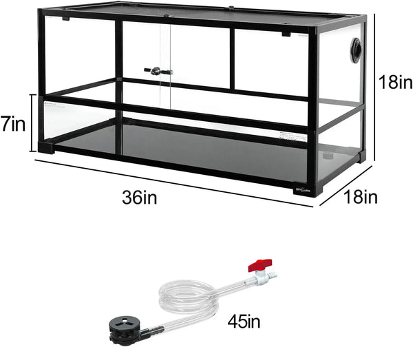 36x18x18 inch glass reptile terrarium with top screen lid, accessories, and drainage tube.