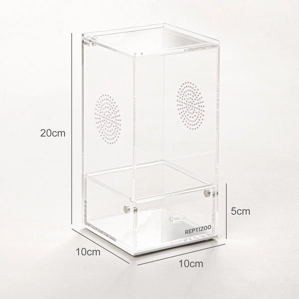 Clear acrylic reptile terrarium box with ventilation holes, 20x10x10cm, side door, measured dimensions visible.