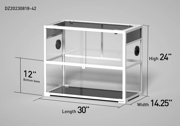 Glass reptile terrarium enclosure with mesh top, white frame, 30x14.25x24 inches, vent holes