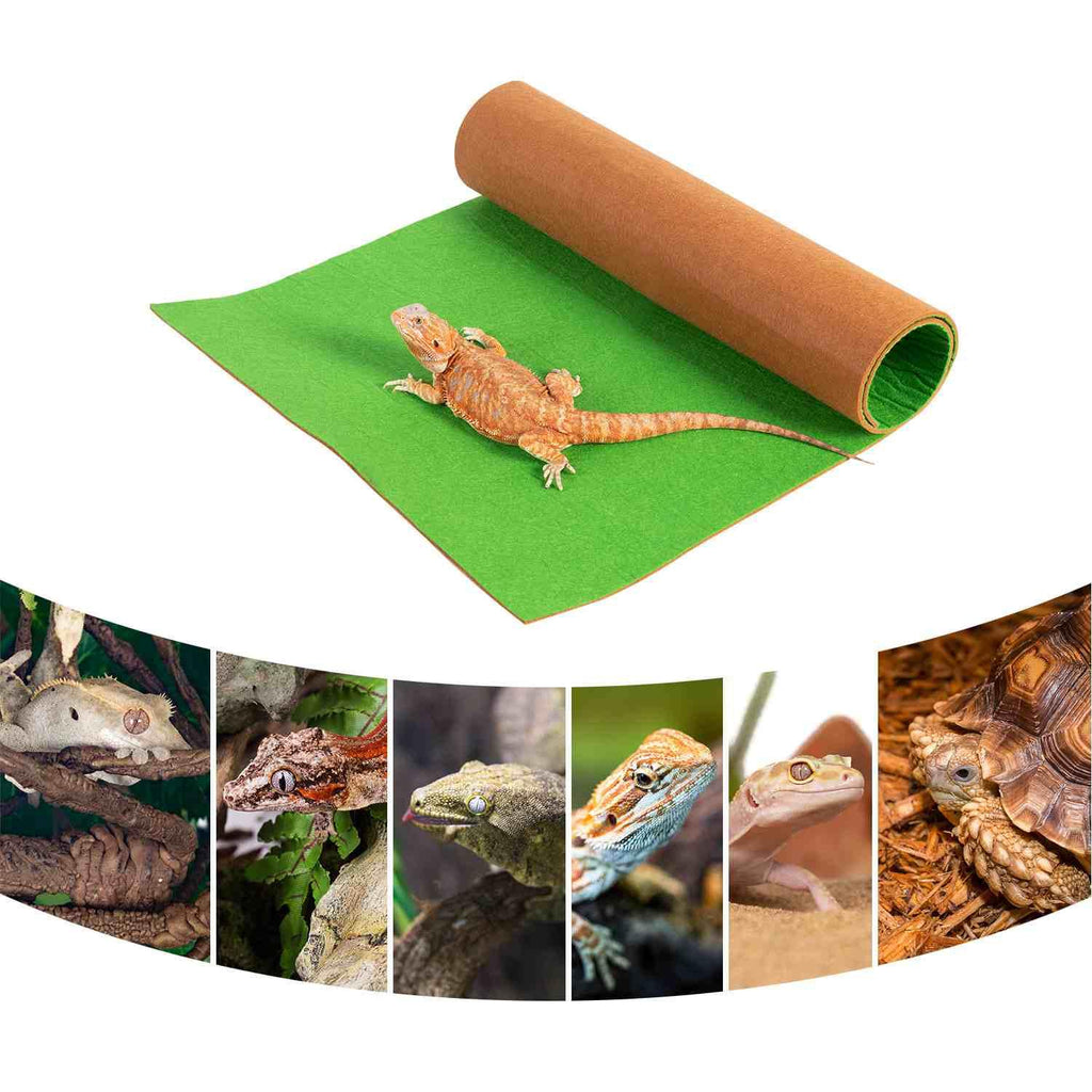 Green reptile terrarium liner mat with bearded dragon and various reptile pets