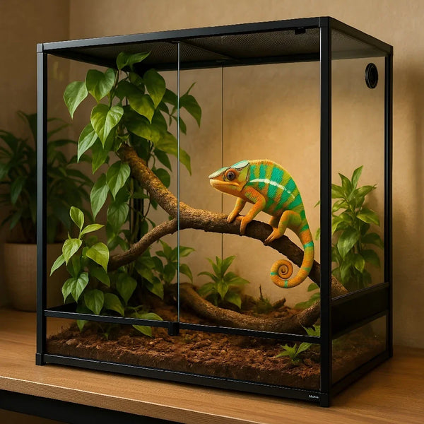 Glass reptile terrarium with mesh top housing a chameleon, plants, and a wood branch.
