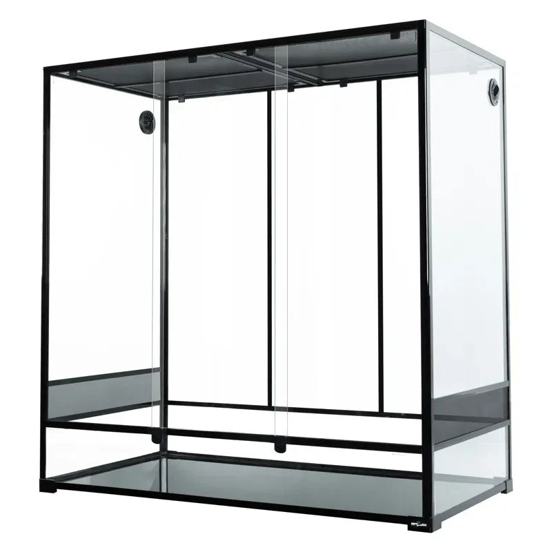 Large glass reptile terrarium with black frame and sliding front doors