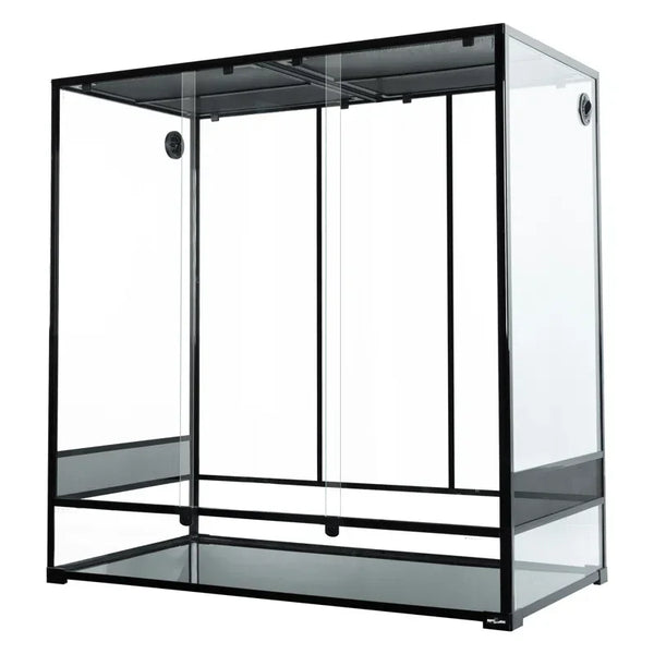 Large glass reptile terrarium with black frame and sliding front doors