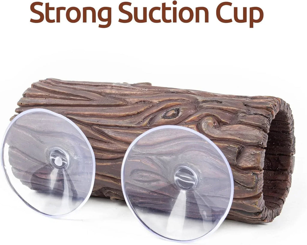 Reptile terrarium log hide with strong suction cups for secure tank attachment