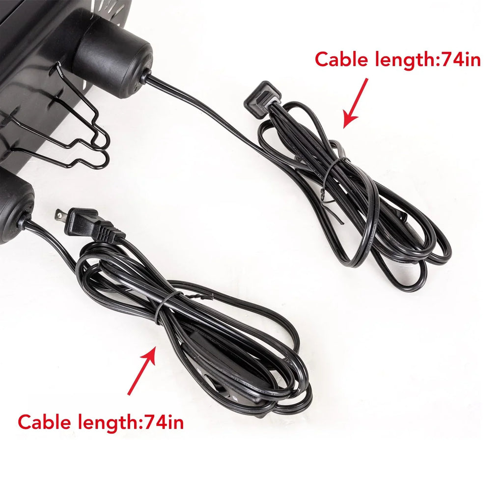 Close-up of black power cords with 74-inch cable length for reptile heat lamp or terrarium light.