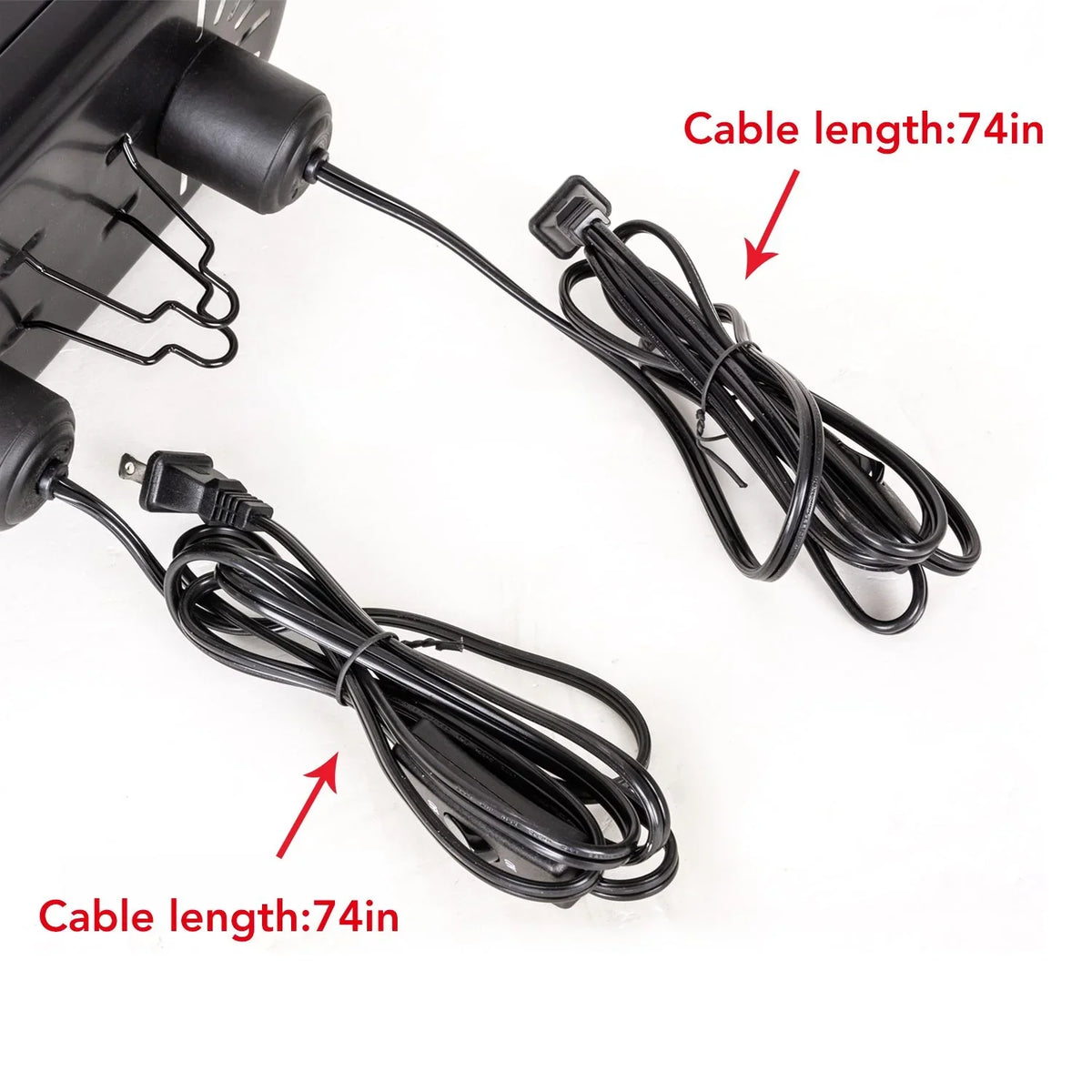 Close-up of black power cords with 74-inch cable length for reptile heat lamp or terrarium light.