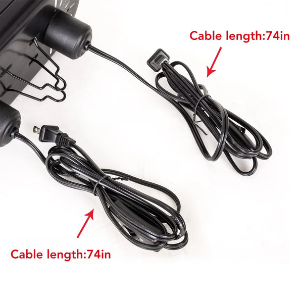 Close-up of black power cords with 74-inch cable length for reptile heat lamp or terrarium light.