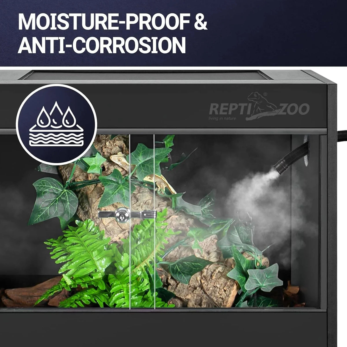 Moisture-proof reptile terrarium with misting system, artificial plants, and anti-corrosion features