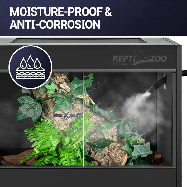Moisture-proof reptile terrarium with misting system, artificial plants, and anti-corrosion features