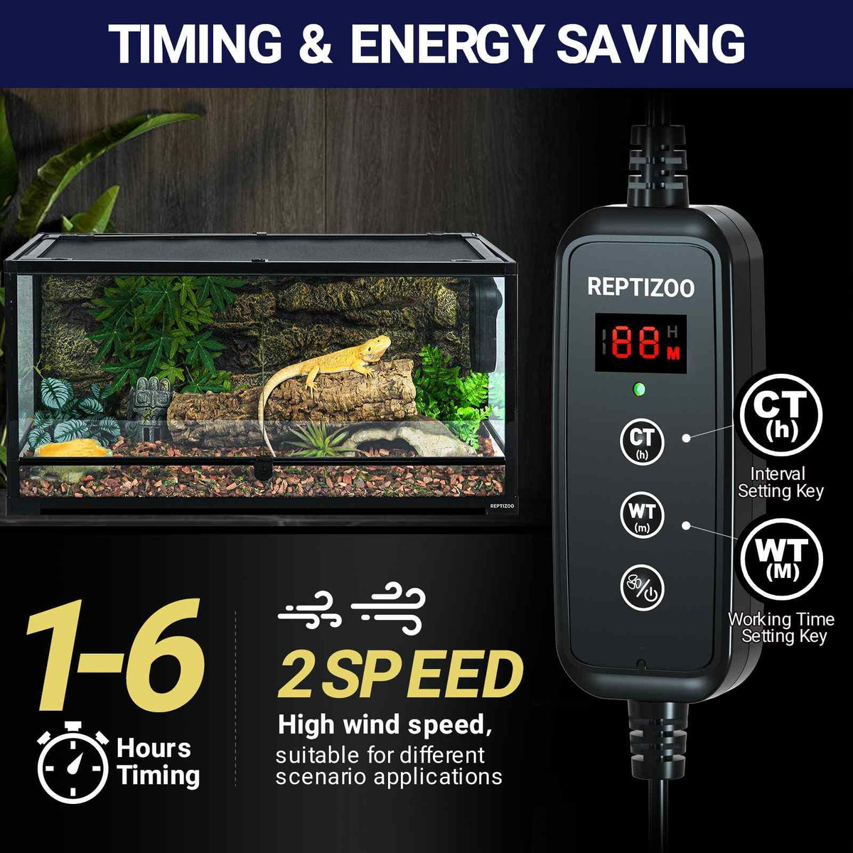 Reptile terrarium with digital timer controller, bearded dragon, and lush habitat decor