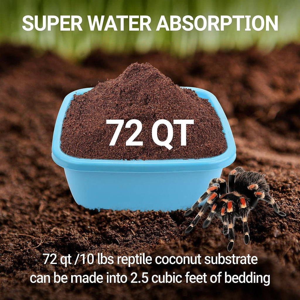 72 quart reptile coconut substrate bedding in blue bin with tarantula and super water absorption text