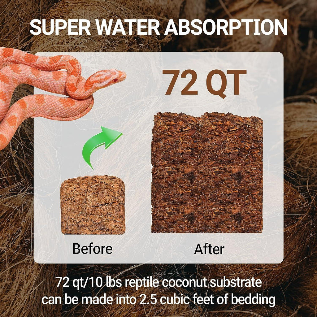 Reptile coconut substrate 72 qt before and after water absorption, ideal terrarium bedding.