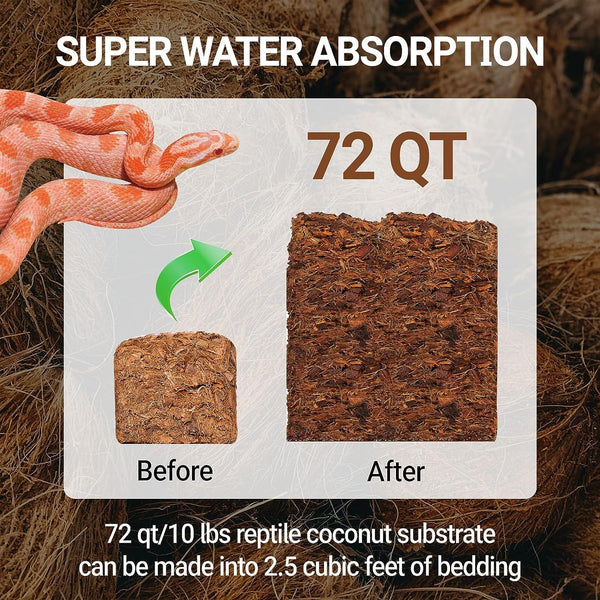Reptile coconut substrate 72 qt before and after water absorption, ideal terrarium bedding.
