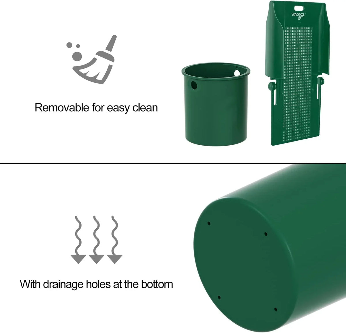 Green reptile terrarium accessory with removable parts and drainage holes for easy cleaning.