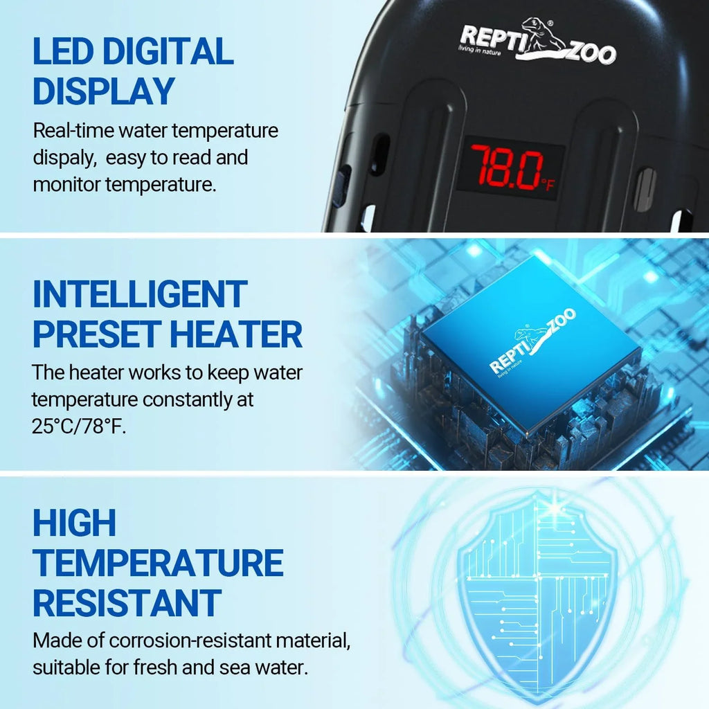 Reptile tank heater with LED temperature display, intelligent preset control, and corrosion resistance.