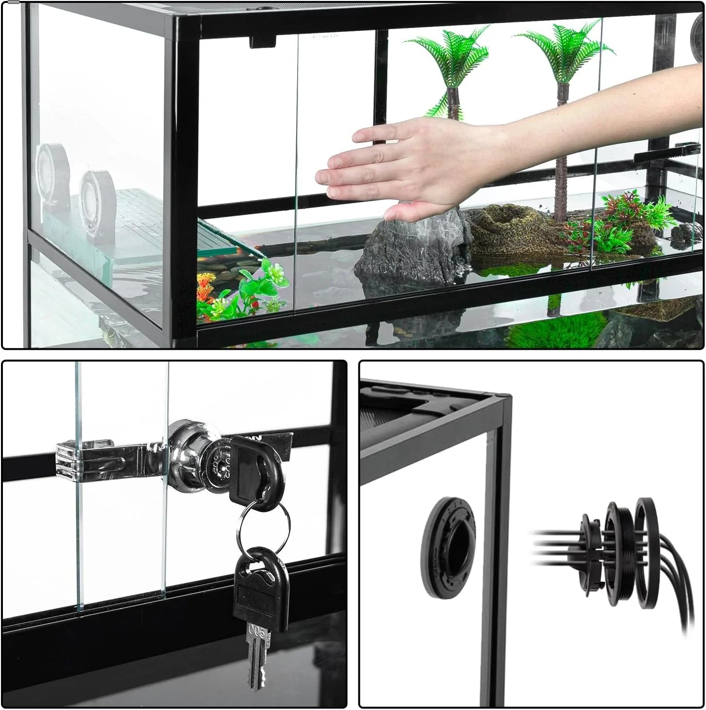 Glass reptile terrarium with sliding door, lock and key, cord port, artificial plants and rock decor