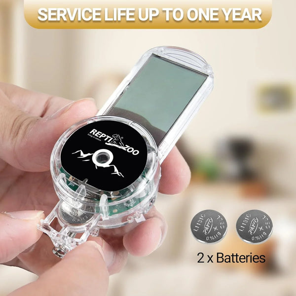Hand holding a digital reptile thermometer with LCD screen and two LR1130 batteries