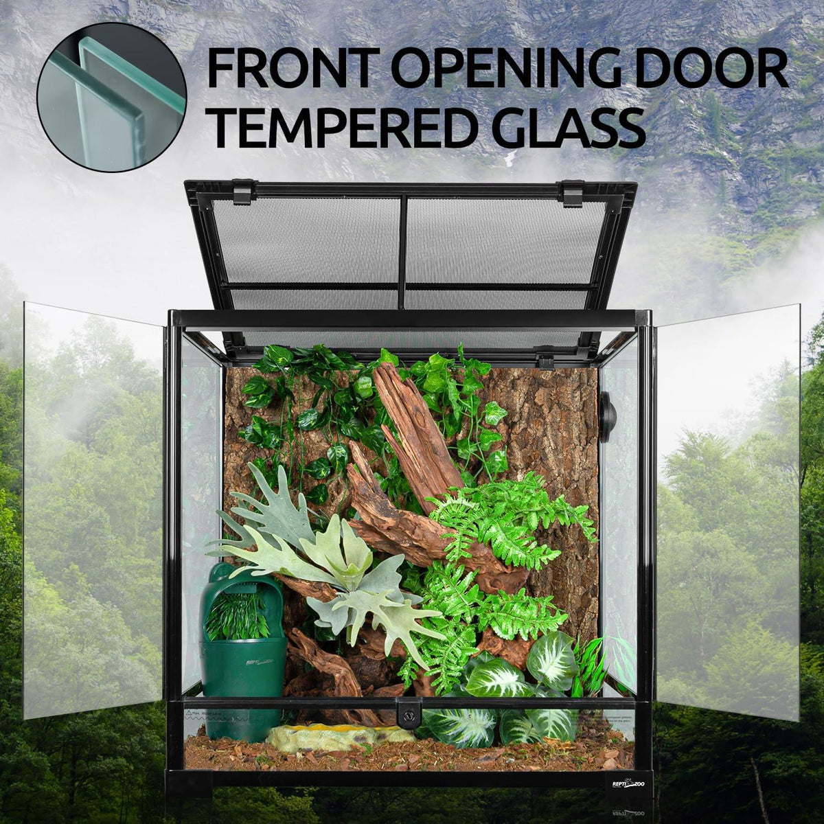 Front opening tempered glass reptile terrarium with plants, bark, and mesh top.