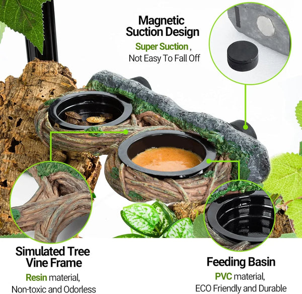 Reptile terrarium feeding basin with magnetic suction, simulated tree vine frame, resin and PVC materials