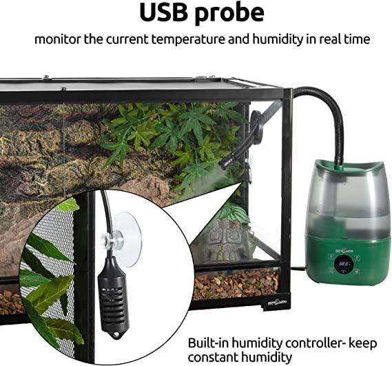 Reptile terrarium with built-in humidity controller and USB temperature humidity probe