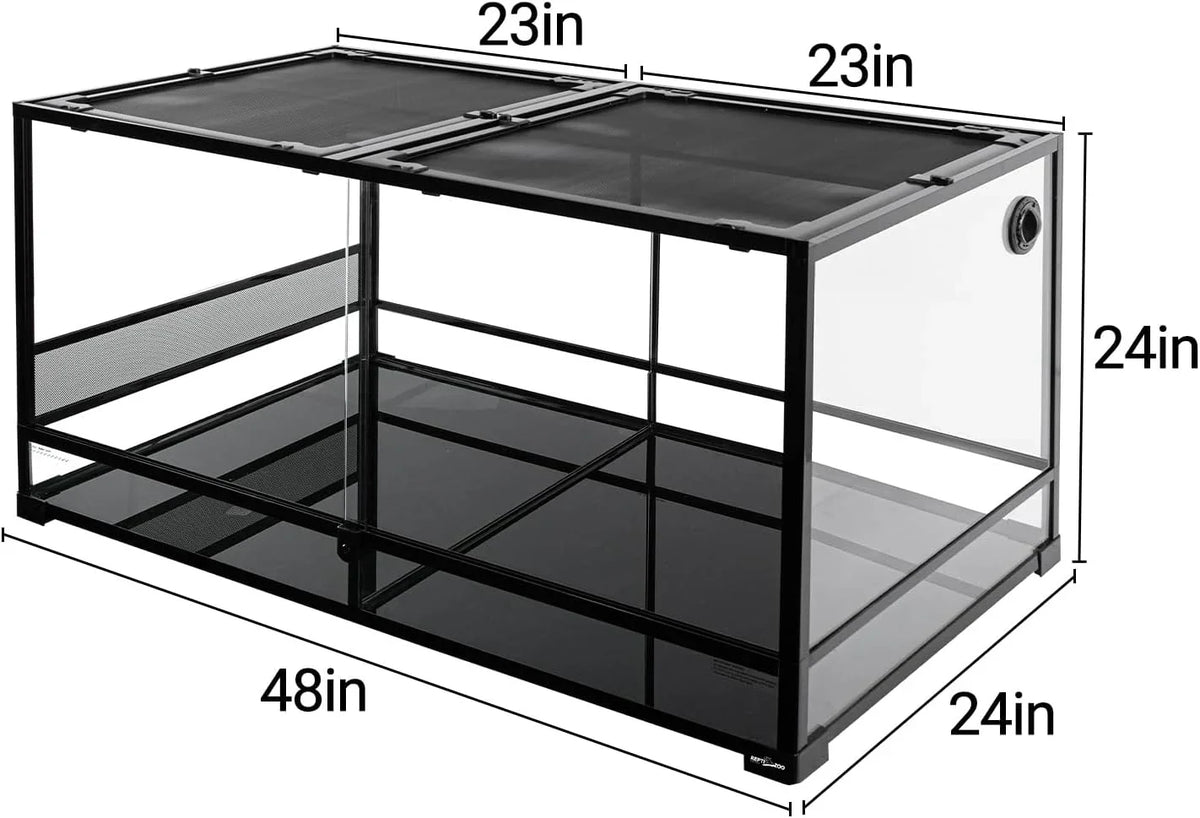 Large glass reptile terrarium cage with mesh top, dimensions 48x24x24 inches