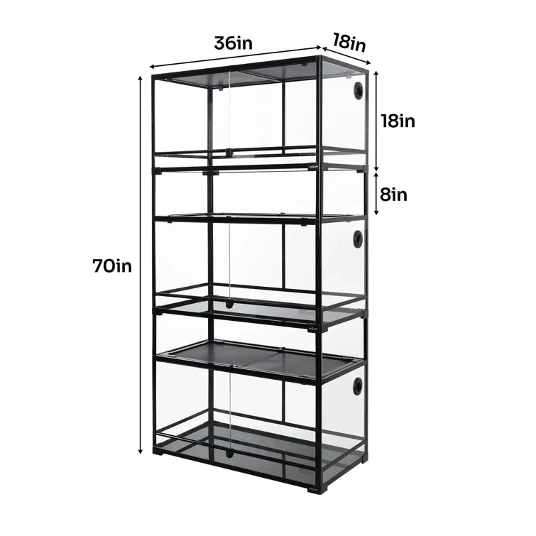 Tall multi-level reptile terrarium rack with glass enclosures, 36x18x70 inches