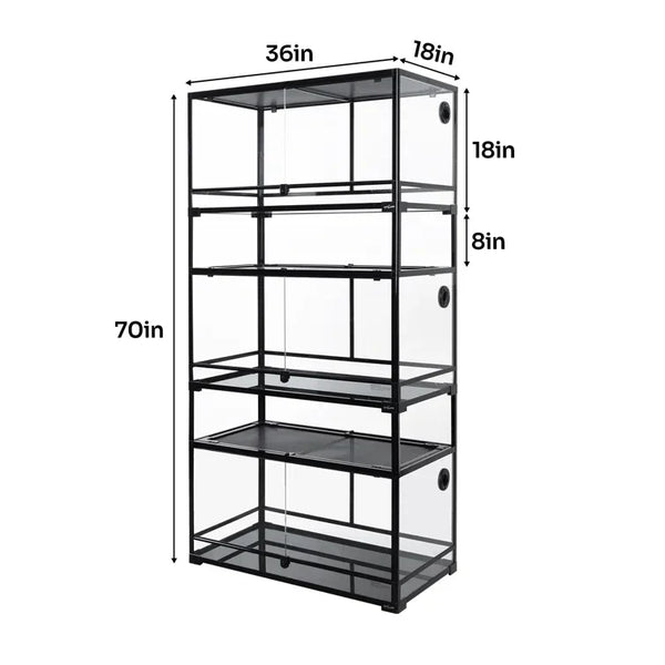 Tall multi-level reptile terrarium rack with glass enclosures, 36x18x70 inches