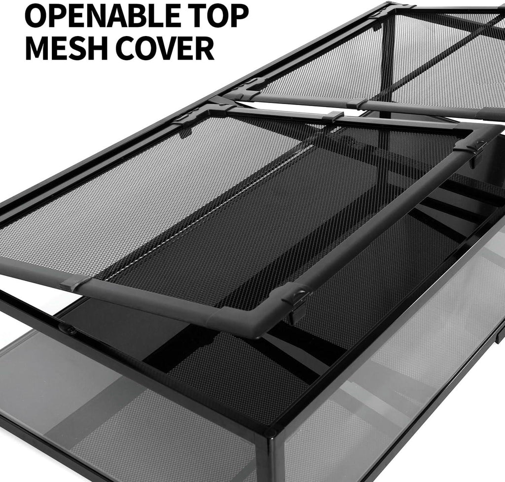 Openable top mesh cover on glass reptile terrarium cage