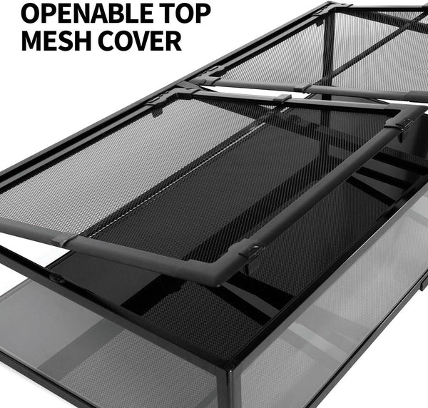 Openable top mesh cover on glass reptile terrarium cage
