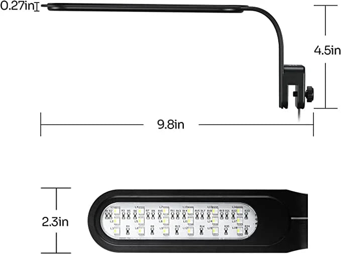 Adjustable LED reptile terrarium light with mounting bracket, dimensions labeled