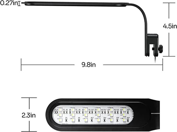 Adjustable LED reptile terrarium light with mounting bracket, dimensions labeled