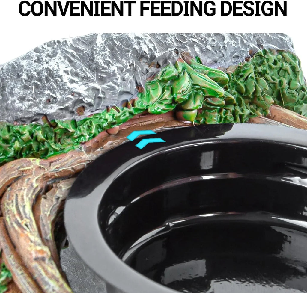 Reptile food and water bowl with realistic rock and greenery design for terrariums