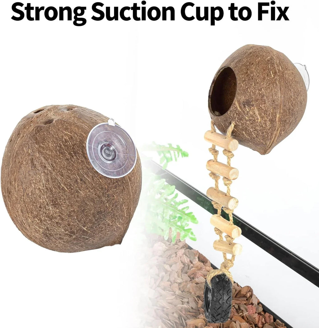 Coconut shell reptile hideout with suction cup and ladder for terrarium habitat