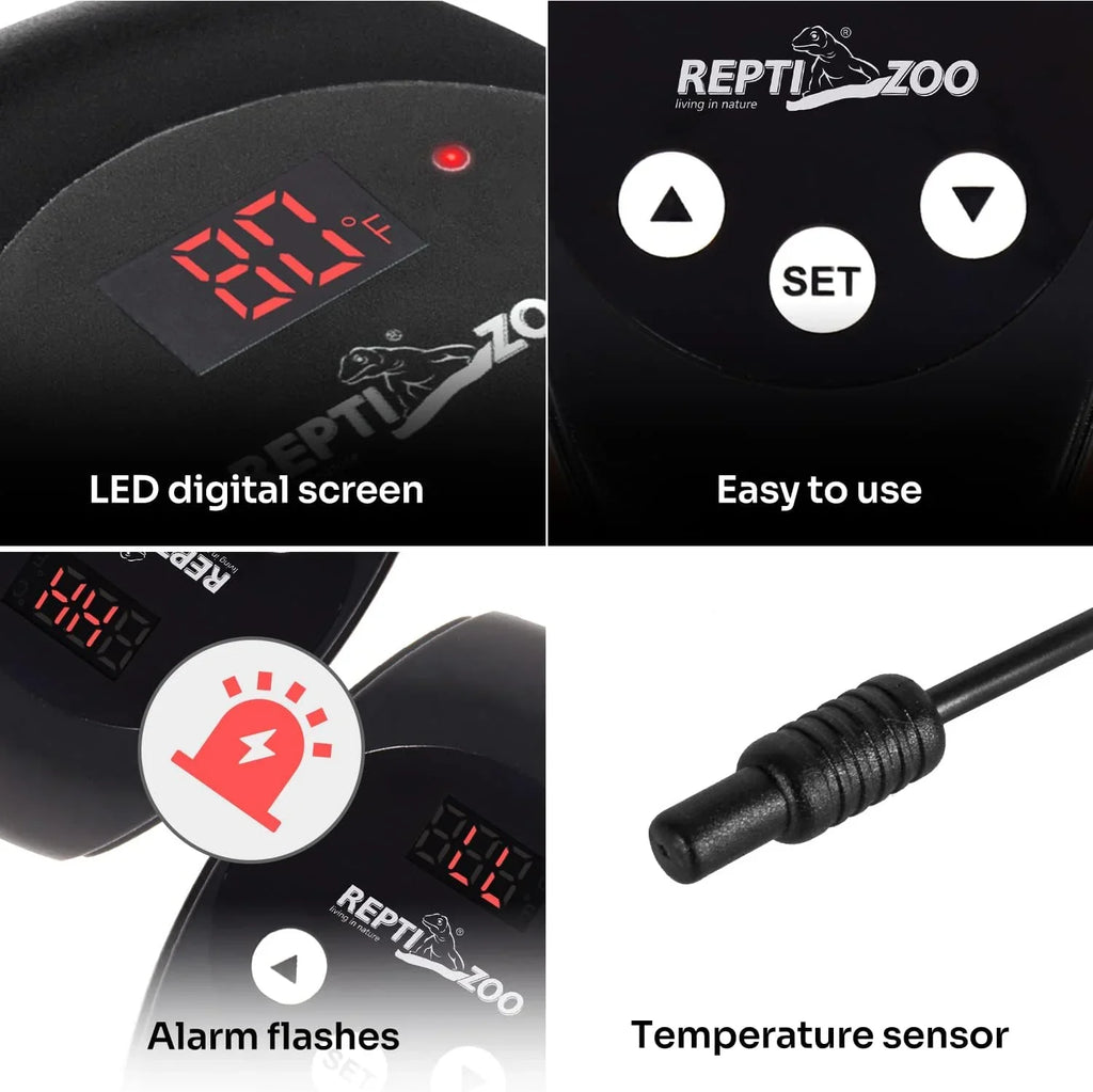 Reptile digital thermostat with LED display, control buttons, alarm indicator, and sensor.