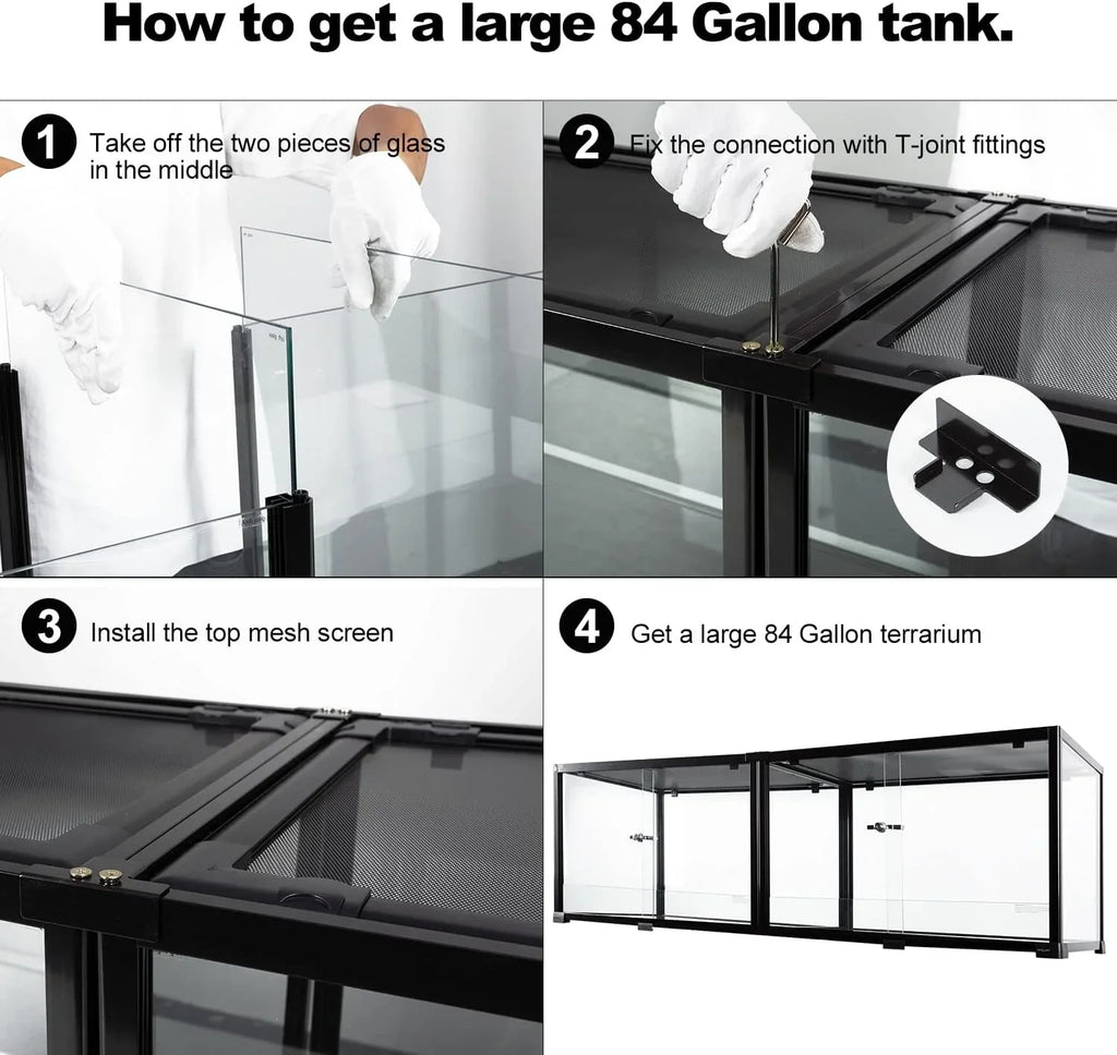 Step-by-step assembly of large 84 gallon glass reptile terrarium with mesh top and T-joint fittings.