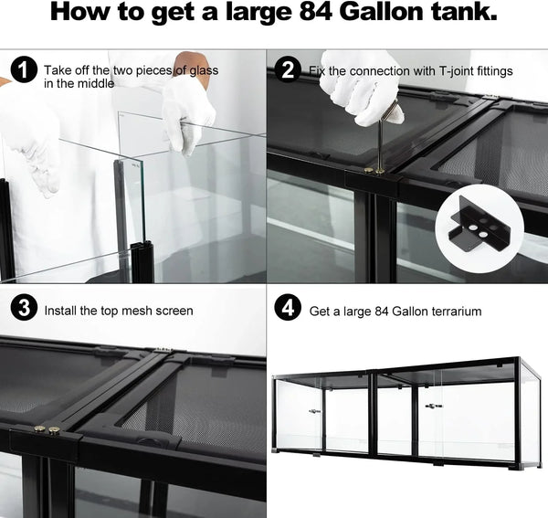 Step-by-step assembly of large 84 gallon glass reptile terrarium with mesh top and T-joint fittings.
