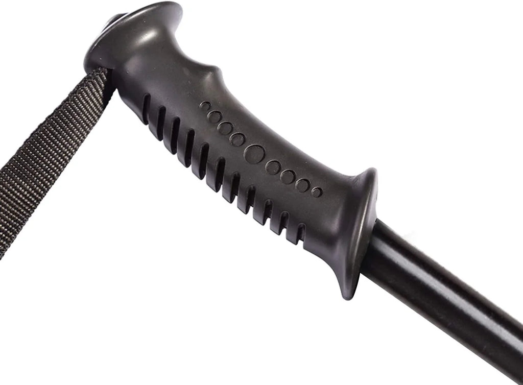 Close-up of a black plastic handle with ergonomic grip and wrist strap, suitable for reptile tools