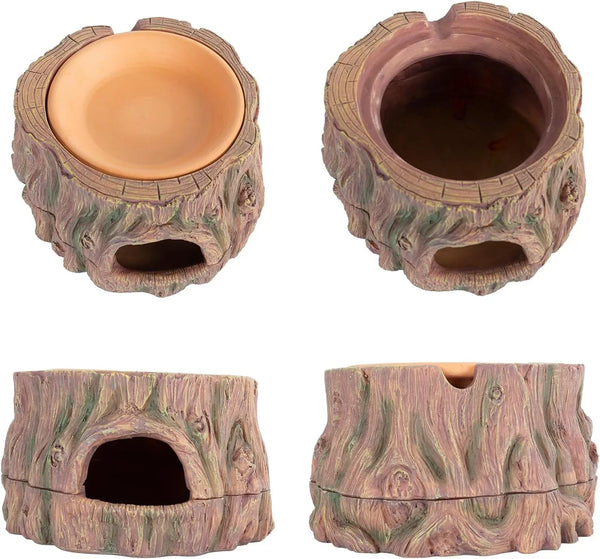 Tree stump reptile hide and water bowl for terrarium, shown from multiple angles