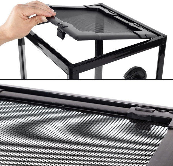 Hand opening mesh screen top of a black reptile terrarium cage with secure locking latch.