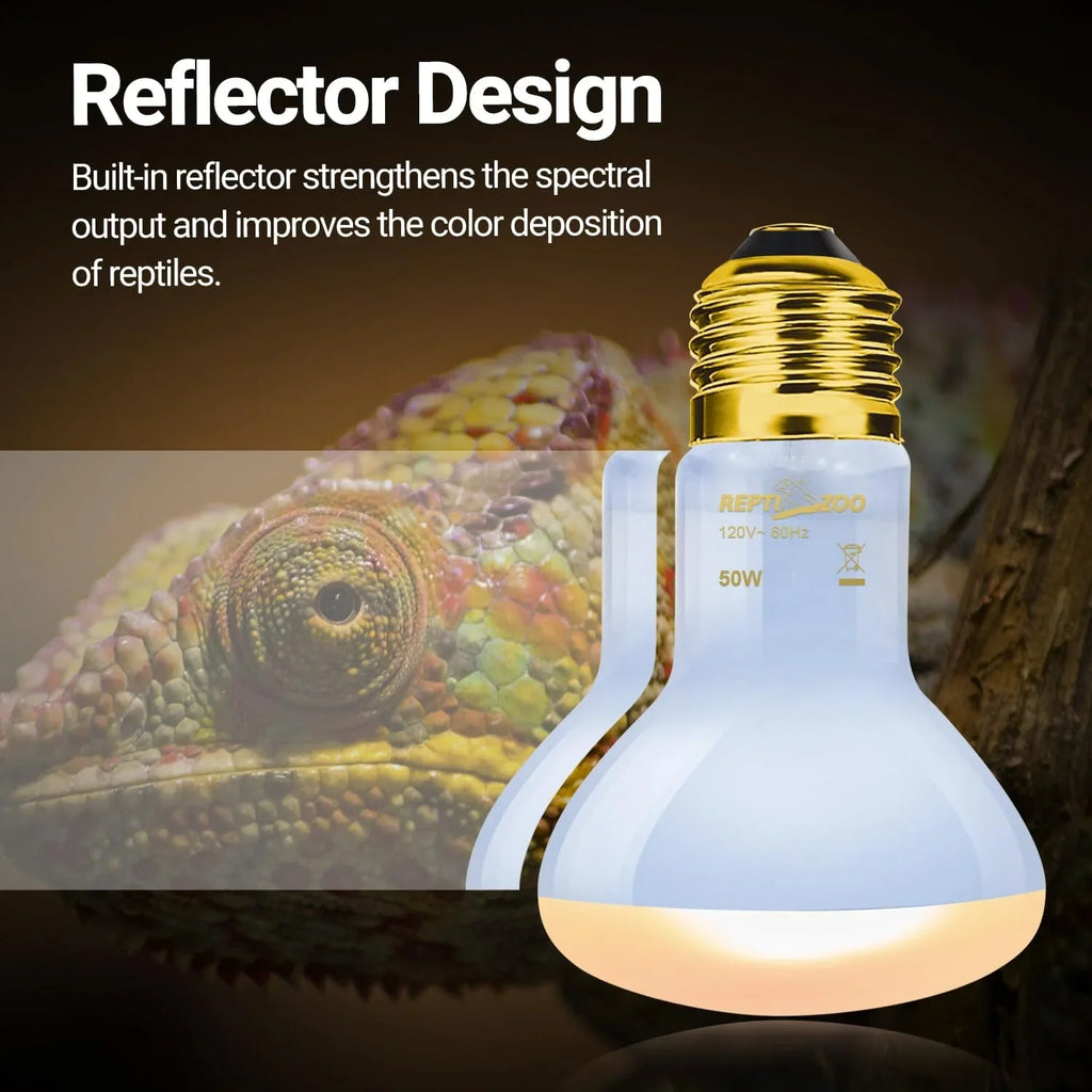 Reflector heat lamp bulb for reptile enclosures, chameleon background, 50W 120V