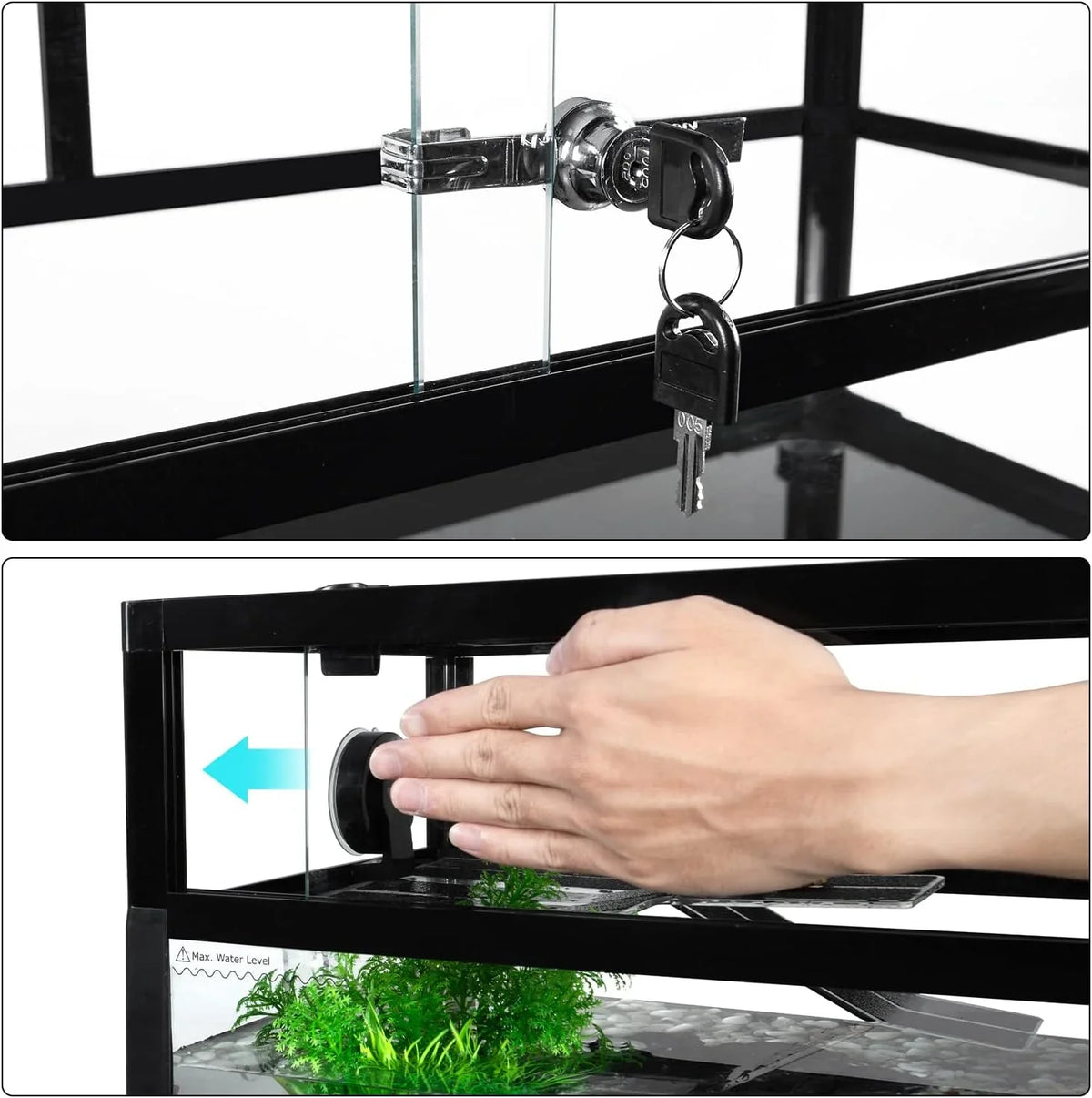 Glass reptile terrarium with secure lock and sliding door, hand opening enclosure