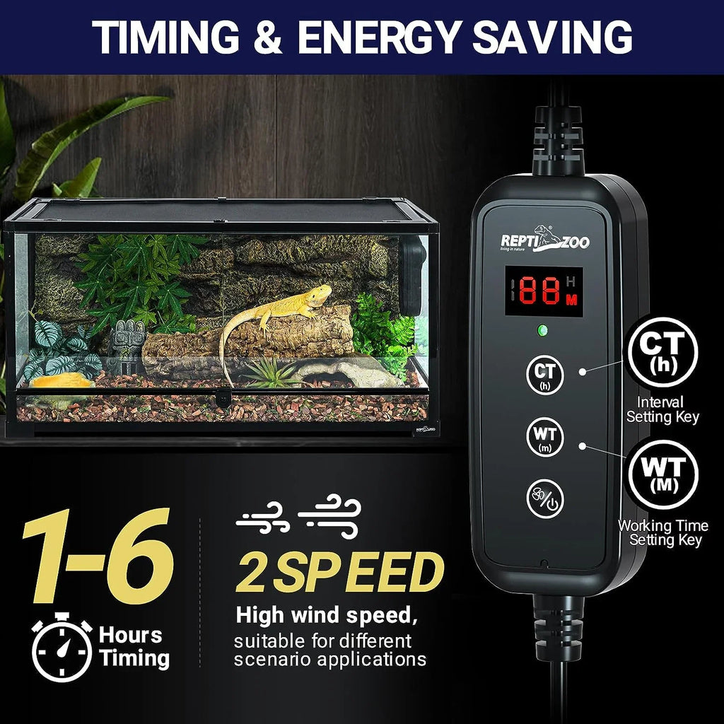 Digital timer and reptile terrarium with bearded dragon, timer settings, energy-saving features