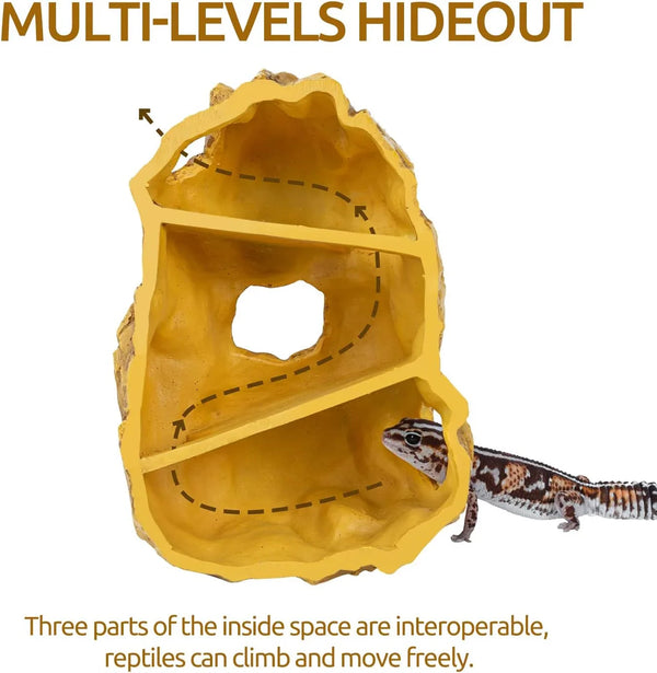 Multi-level reptile hideout cave with gecko, natural terrarium decor for climbing and shelter