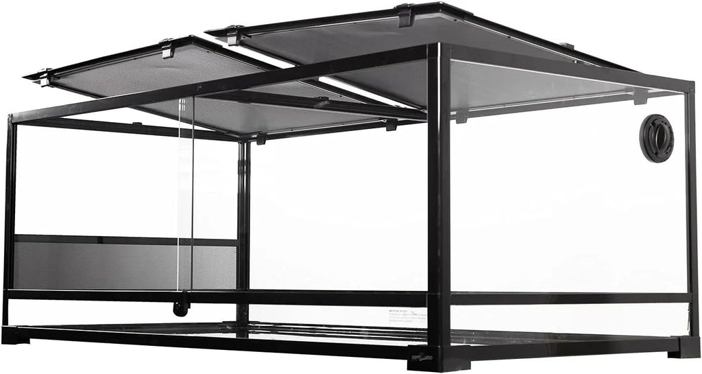 Glass reptile terrarium cage with mesh top and ventilation, ideal for lizards or snakes