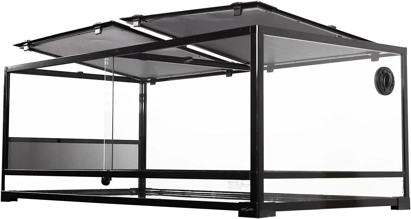 Glass reptile terrarium cage with mesh top and ventilation, ideal for lizards or snakes