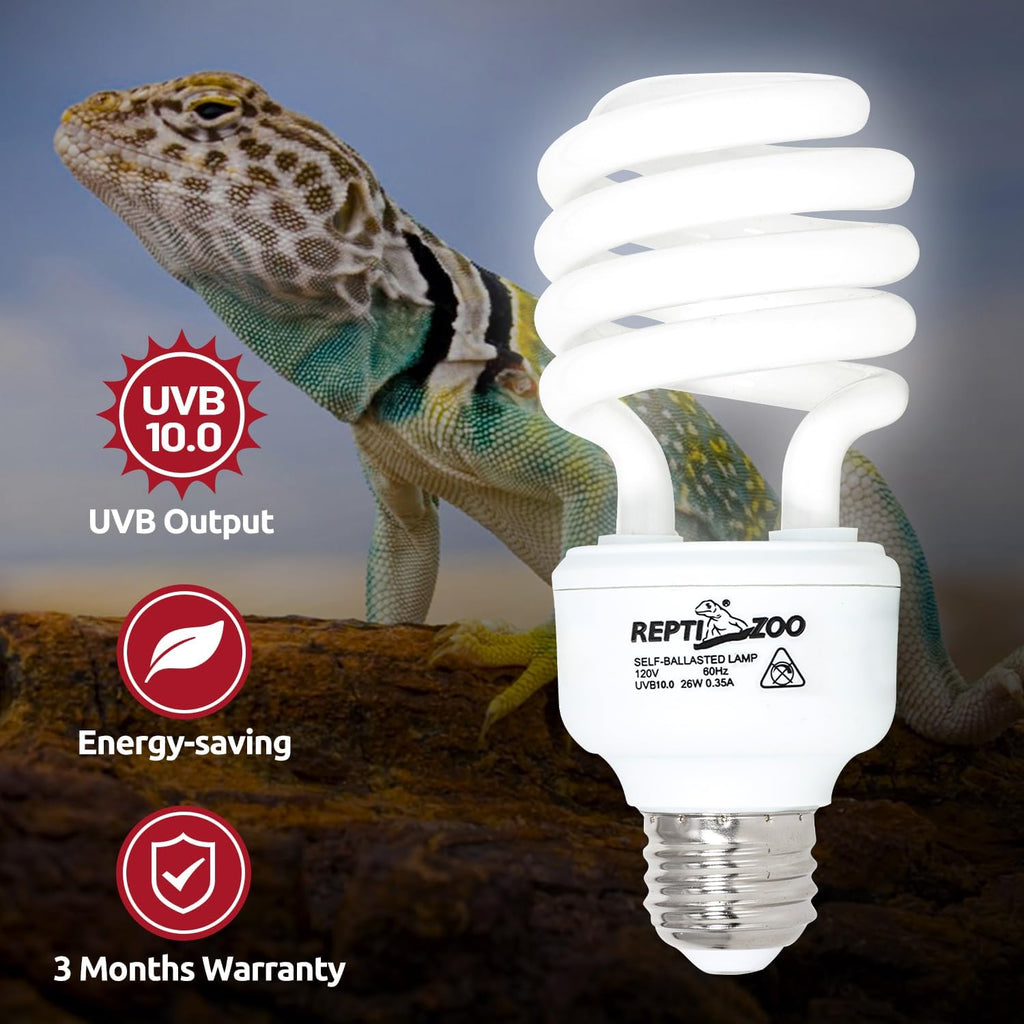 REPTIZOO Reptile Heat Lamp Combo Pack with Dual Reptile Light Fixture, 100W Intense Basking Spot Light UVA Daylight Heating Lamp & 26W Energy Saving UVA UVB Bulb Spiral Compact Bulb 10.0