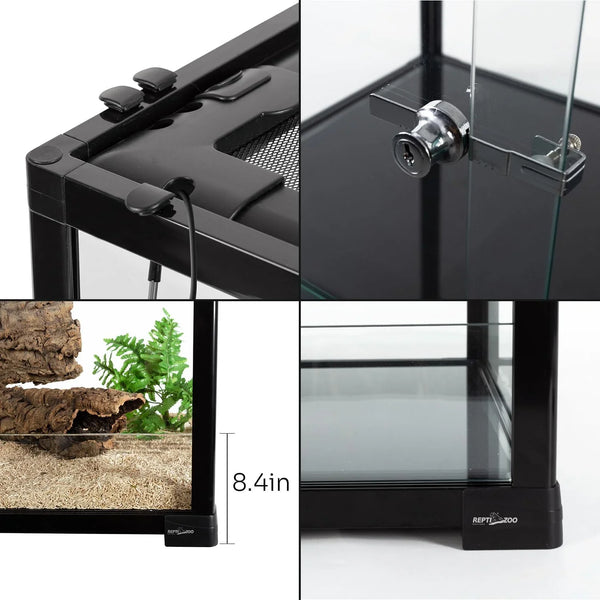 Glass reptile terrarium with secure lock, mesh top, 8.4 inch height, suitable for reptiles.